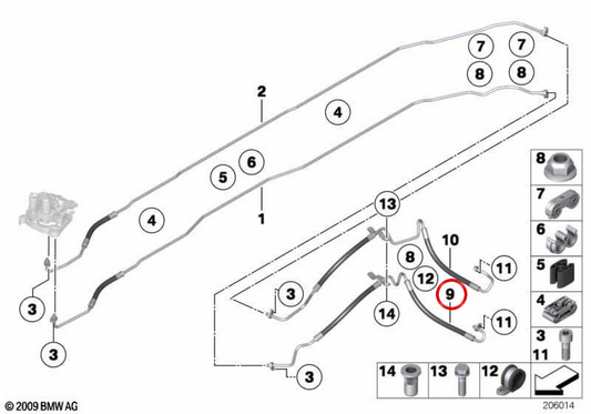 OEM 37106792441 tilting motor pressure pipe for BMW F07, F10, F11, F06, F12, F13, F01, F02. Original BMW.