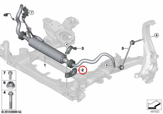 Soporte de estabilizador OEM 37106865706 para BMW G05, F95, G06, F96, G07, G09. Original BMW.