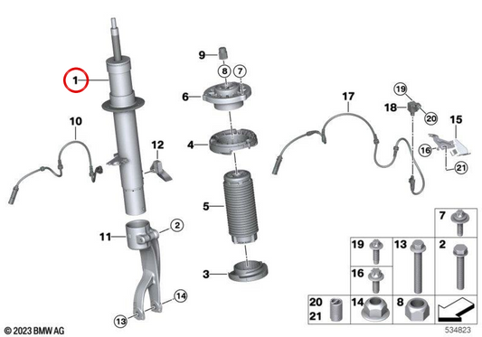 Amortiguador delantero izquierdo VDC OEM 37106869019 para BMW G05, G06. Original BMW.