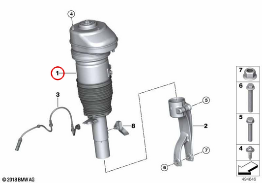 Assorbitore di shock pneumatico anteriore destro 37106869036 per BMW G07. BMW originale.