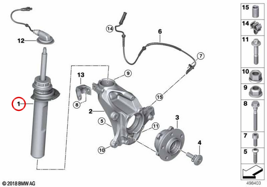 Amortiguador delantero izquierdo para BMW X1 F48, F49 (OEM 37106881599). Original BMW