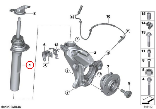 Pata telescópica delantera derecha con suspensión adaptativa OEM 37106888794 para MINI Countryman JCW ALL4 F60. Original MINI