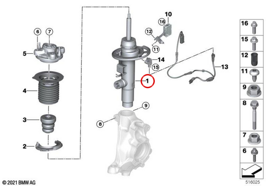 Amortiguador delantero izquierdo para BMW F07, F10, F11, F06, F12, F13, F01N, F02N (OEM 37106895201). Original BMW