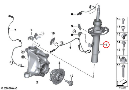 Assorbitore anteriore sinistro VDC OEM 37108067505 per BMW F97 e F98. BMW originale.