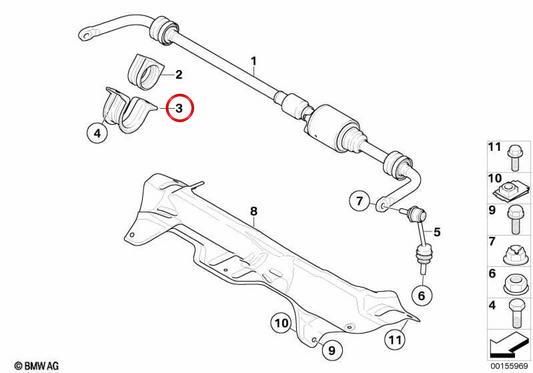 Soporte estabilizador OEM 37126859514 para BMW E70, E71, F15, F16, F85, F86. Original BMW.