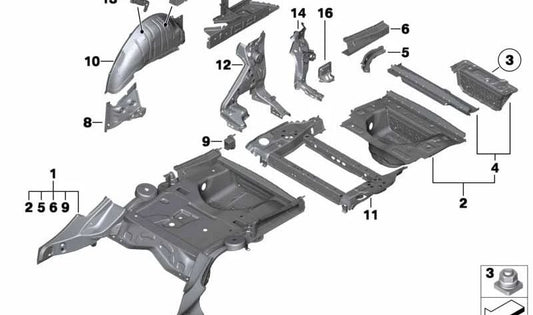Refuerzo larguero izquierdo OEM 41127245547 para BMW F07, F07N, F11, F11N. Pieza estructural trasera original BMW.