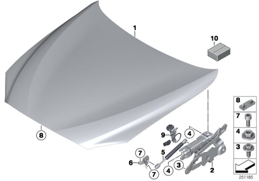 Soporte hidráulico del capó delantero OEM 51237309117 para BMW F10, F11, F06, F12, F13. Original BMW.