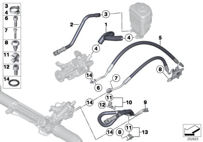 Tubo de retorno de dirección OEM 32416781834 para BMW F06, F07, F10, F11, F12, F13, F01, F02. Compatible con versiones 530d xDrive, 535d xDrive. Recambio original BMW.