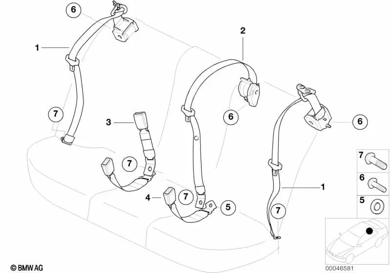 Zentraler Rückgürtel für BMW E46 (OEM 72118201026). Original BMW.