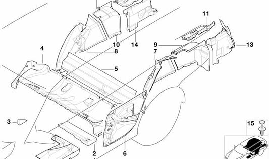 Aislante acústico paso de rueda delantero izquierdo OEM 51488189781 para BMW E39. Original BMW.
