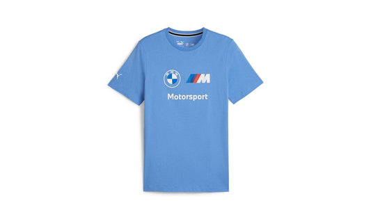 Camiseta logo BMW M Motorsport OEM 80145B318C0 para BMW. Apta para hombre, color azul claro, ajuste normal, con logo grande BMW M Motorsport en el pecho y logo Puma en manga. Original BMW.