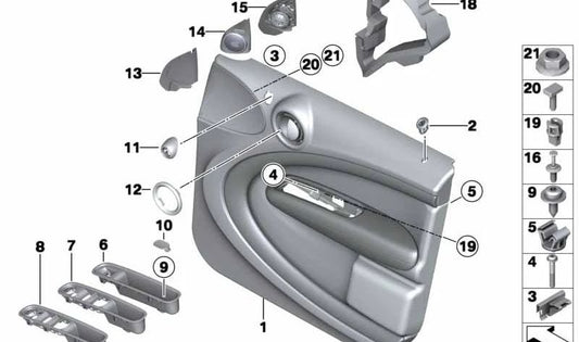 Revestimiento de puerta delantero izquierdo BLACK/BLACK OEM 51419812191 para MINI Countryman R60 (2010–2016). Original MINI.