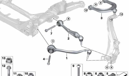 Federungsschale mit oberen linken Gummi -Lagern für BMW x5 F95, F96, XM G09 (OEM 31108091171). Original BMW.
