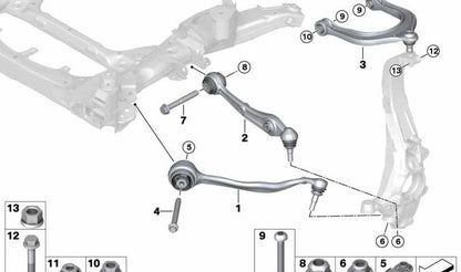 Brazo de suspensión delantero izquierdo con silentblock OEM 31108093821 para BMW X5 {G05, F95} y BMW X6 {F96}. Compatible con versiones M, M50i y M60i xDrive. Original BMW.
