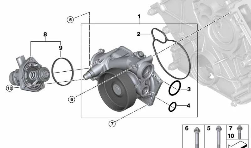 Mechanical coolant pump for BMW 5 Series F90, F90N, 7 Series G70, 8 Series F91, F92, F93, X5 F95, G05N, X6 F96, G06N, X7 G07N (OEM 11518074234). Genuine BMW
