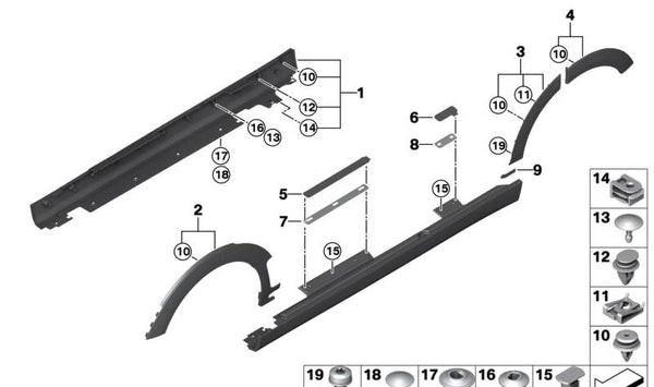 Embellecedor de aleta delantera derecha OEM 51779881388 para MINI F54 (Cooper, Cooper D, Cooper S) entre 2019 y 2024. Original MINI.