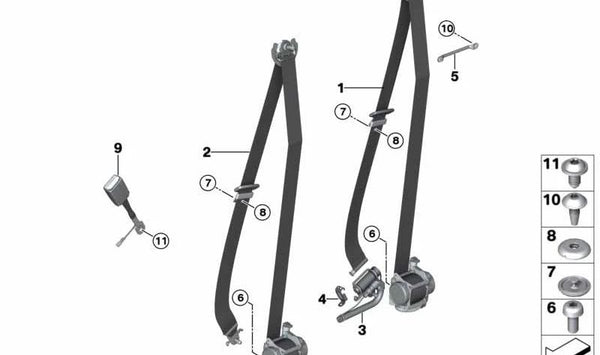 Cinturón de seguridad delantero derecho OEM 72117343638 para BMW F15, F85, F16, F86. Repuesto original BMW.