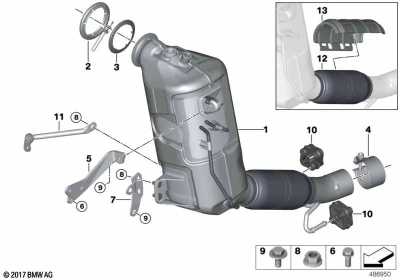 Near-engine catalytic converter support for BMW 2 Series F45, F45N, F46, F46N, X1 F48, F48N, X2 F39. MINI F54, F55, F56, F57, F60, F60N (OEM 18208570113). Original BMW.