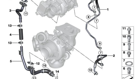 Tubería de retorno de aceite del turbo OEM 11428515007 para BMW G30, G31, G32, G11, G11N, G12, G12N, G14, G15, G16, X3 G01, G01N, X4 G02, G02N. Original BMW.