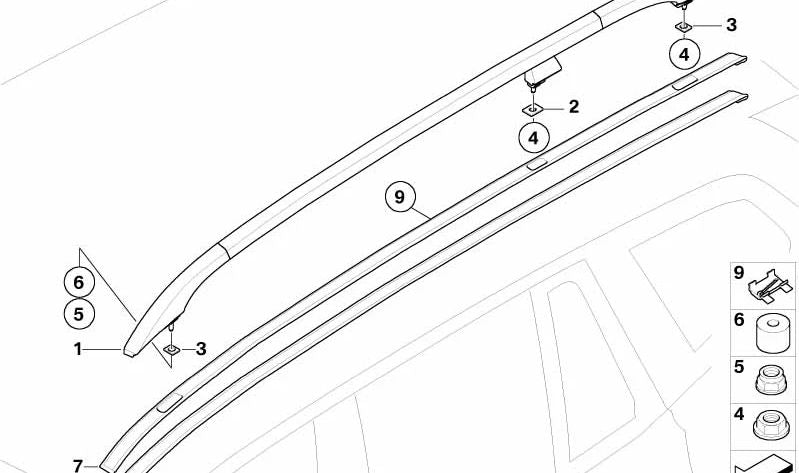Baca de techo izquierda negra OEM 51137052537 para BMW X3 E83 (todos los modelos: 1.8d, 2.0d, 2.0i). Repuesto original BMW.