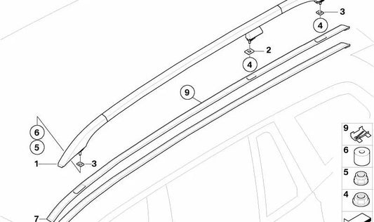 Baca de techo izquierda negra OEM 51137052537 para BMW X3 E83 (todos los modelos: 1.8d, 2.0d, 2.0i). Repuesto original BMW.