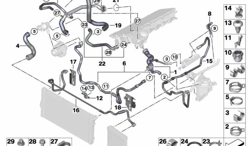 Manguera del radiador de refrigerante externo para BMW Serie 5 F07, F10, F11, Serie 6 F06, F12, F13, Serie 7 F01N, F02N (OEM 17128614883). Original BMW.