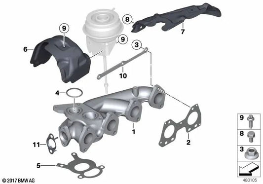 Coletor de exaustão para BMW F20, F21, F22, F30, F31, F34, F32, F33, F10, F11, E84, F15 (OEM 11627823221). BMW original.