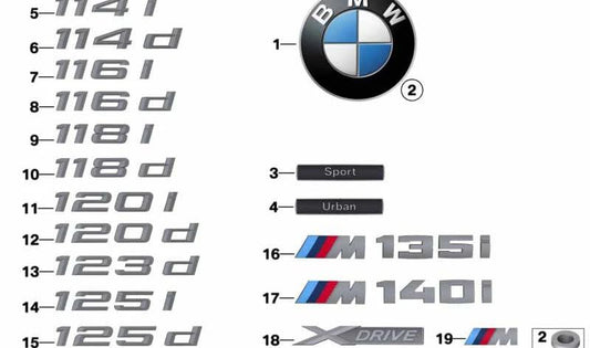 Emblème arrière coincé pour la série BMW 1 F20N (OEM 51147383785). BMW d'origine
