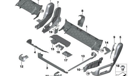 Tapa embellecedora guía del asiento delantero derecho OEM 52207955210 para BMW X5 G05, G05N y X7 G07, G07N. Original BMW.