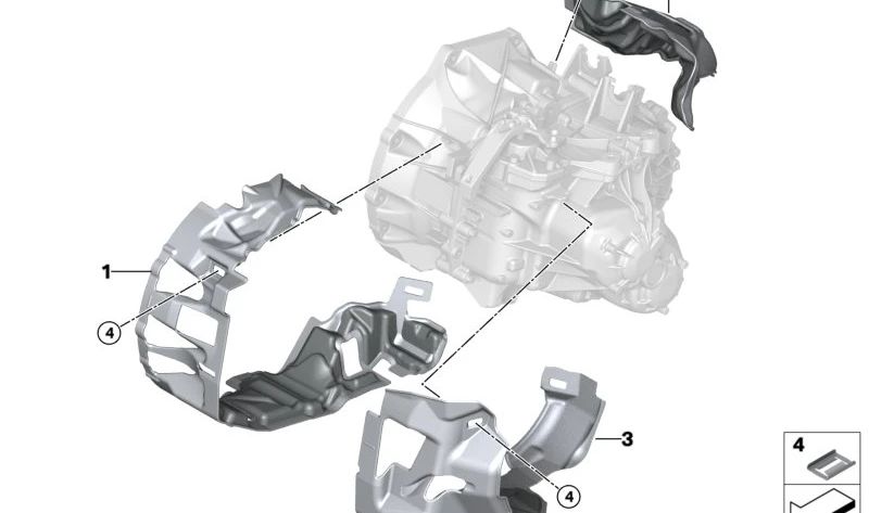 Aislante acústico superior de la carcasa del cambio OEM 23008683127 para BMW F40 116d (modelos con cambio manual y tracción delantera). Original BMW.