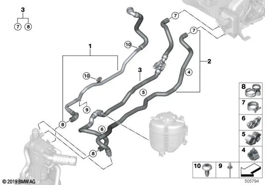 Inlet Coolant Hose 1 for BMW 3 Series G20, G21, 4 Series G22, G23, G26 (OEM 64219398965). Original BMW.