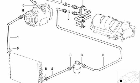 Tubería doble de alta presión para aire acondicionado OEM 64538391219 para BMW E31. Original BMW.