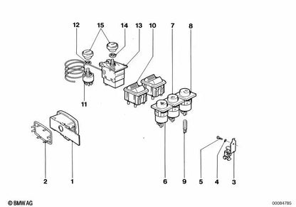 Parking brake control switch for BMW E81, E82, E88, E21, E30, E36, E46, E12, E28, E34, E39, E60, E61, E24, E63, E64, E23, E32, E84, E83, E53, E52 (OEM 61311369771). Genuine BMW