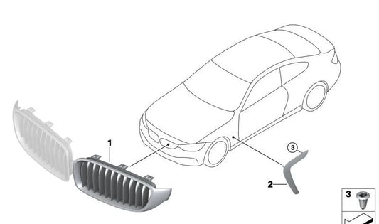 Grade decorativa frontal direita 51135A3D024 para BMW F32, F32N, F33, F33N, F36, F36N. Peça original da BMW.