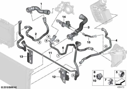 Coolant hose for BMW F07, F10, F11, F06N, F12N, F13N, F01N, F02N (OEM 17127811983). Genuine BMW.