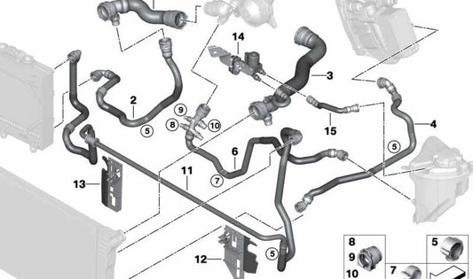 Manguera de refrigerante OEM 17128517081 para BMW F07, F10, F11, F06, F12, F13, F01. Compatible con versiones 535d y 535d xDrive. Original BMW.