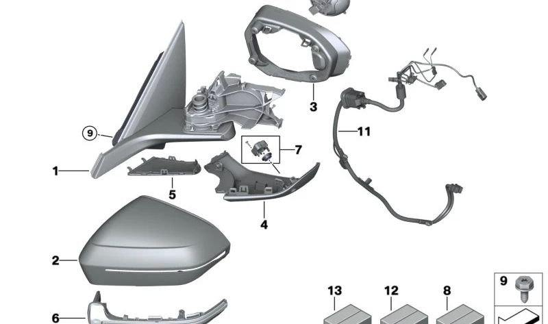 Chrome Exterior Mirror without Mounting Parts Left for BMW G70 (OEM 51165A356D3). Original BMW