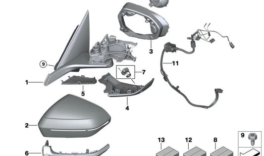 Specchio esterno cromato senza parti di gruppo sinistra per BMW G70 (OEM 51165A356D3). BMW originale