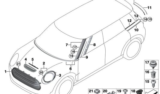Rejilla decorativa capó delantero OEM 51137495223 para MINI Clubman F54 LCI JCW (07/2019–02/2024). Original MINI.