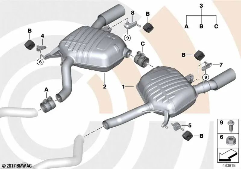 Links hinterer Schalldämpfer mit Abgasventil für BMW E90, E90N, E91, E91N (OEM 18307553827). Original BMW