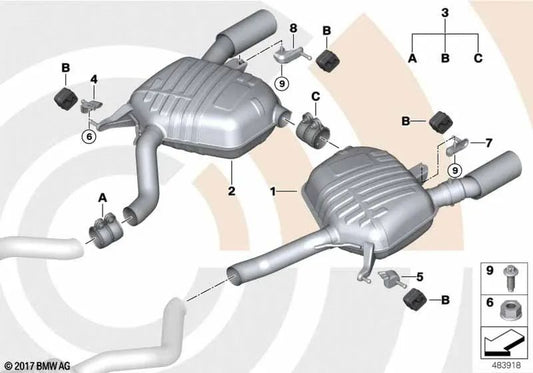 Links hinterer Schalldämpfer mit Abgasventil für BMW E90, E90N, E91, E91N (OEM 18307553827). Original BMW