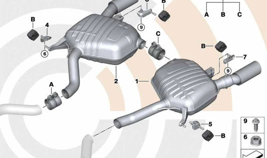 Kit de montaje para silencioso trasero OEM 18302455262 para BMW E90, E91, E92, E93. Original BMW.