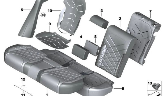 Clip de fijación OEM 52209473611 para BMW X5 (F95, G05, G05N) y Serie 5 Larga (G18, G18N). Pieza original BMW para sujeción en asiento trasero.