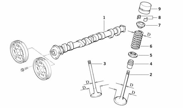 Árbol de levas de escape OEM 11311727649 para BMW E36 (Todos los modelos compatibles: 316i, 318i, 318is, 320i, 323i, 325i, 328i, M3). Original BMW.