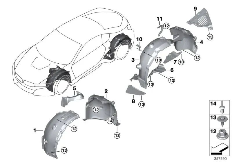 Rechte Hinterradpassage für BMW I I12, I12N, I15 (OEM 51717328626). Original BMW.