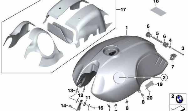 Soporte izquierdo depósito OEM 16118544113 para BMW Motorrad R nineT (RK21, RK22, RK23, RK32, RK33) todos los modelos. Pieza original BMW Motorrad.