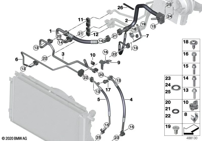 Braçadeira de mangueira para BMW Série 1 E82, E88 Série 3 E90, E91, E92, E93 Série 5 E60, E61 Série 6 E63, E64 Série 7 E65, E66, F01, F02 i I01 Z4 E89 (OEM 17127533721). BMW originais.
