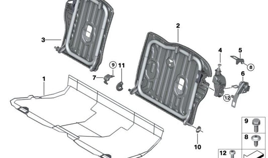 Placa de cierre OEM 52207317433 para MINI F55, F56, F57, F67. Pieza para fijación del asiento trasero. Original MINI.