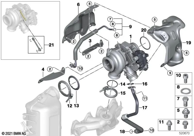 Placa de proteção térmica do turbocompressor de escapamento para BMW Série 1 F20N, F21N; Série 2 F45, F46; X1 F48; X2 F39 (OEM 11658571893). BMW originais.