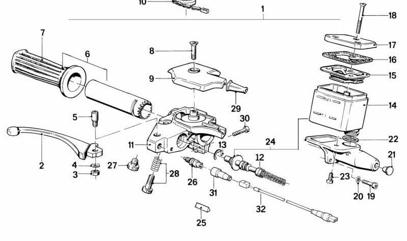 Maneta de freno derecha negra OEM 32721242555 para BMW Motorrad R 100, R 100 CS, R 100 GS {modelos R247: 0375, 0385, 0393, 0425, 0435, 0473, 0478, 7032, 0426, 0436}. Original BMW Motorrad.